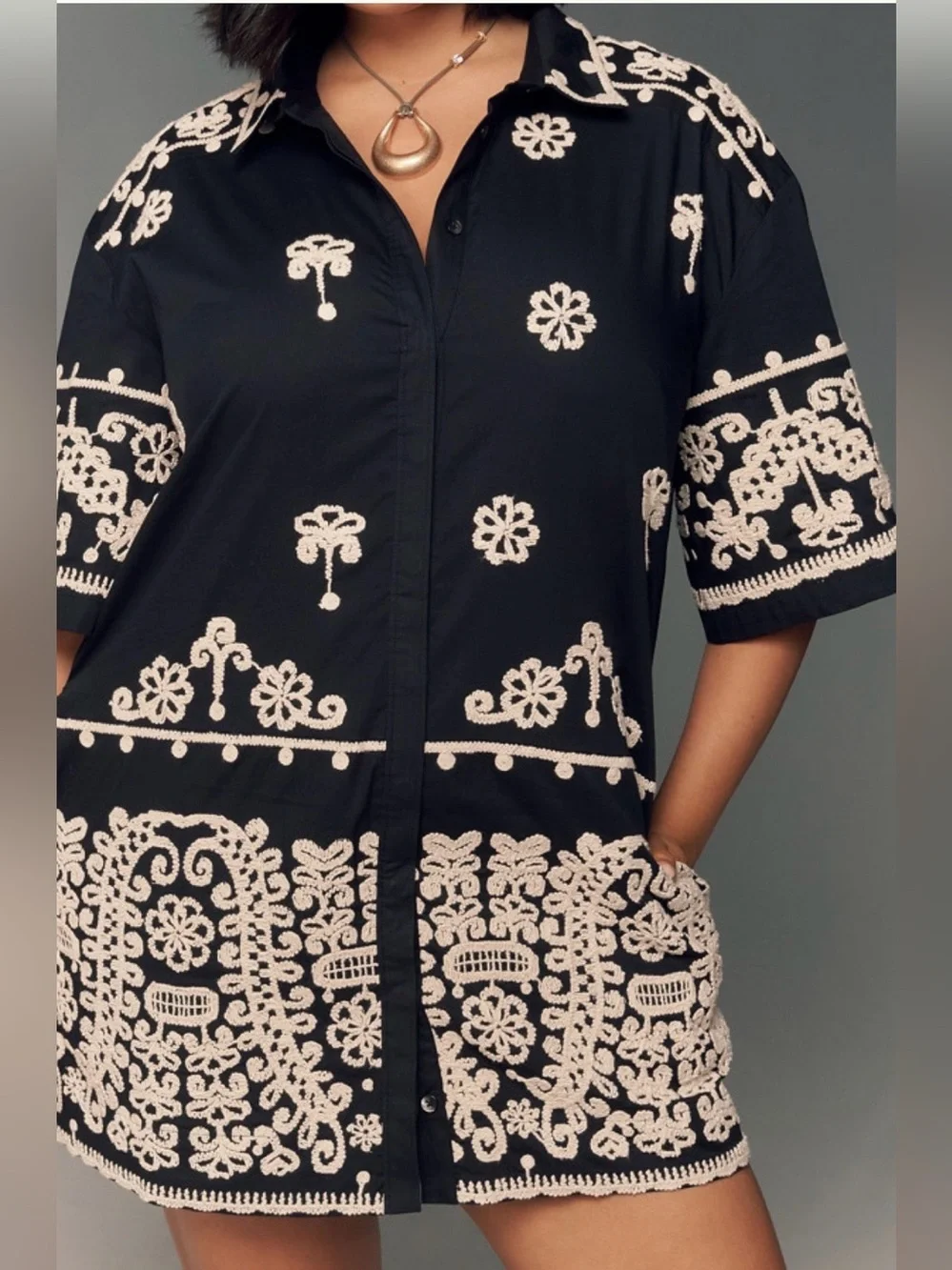 Anthropologie Maeve Black Mini Shirt Dress with Cream Embroidery - Picture 1 of 10